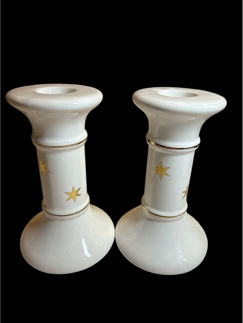 White Gold Star Ceramic Taper Candlestick Holders 4.75"H Vintage Set of 2
